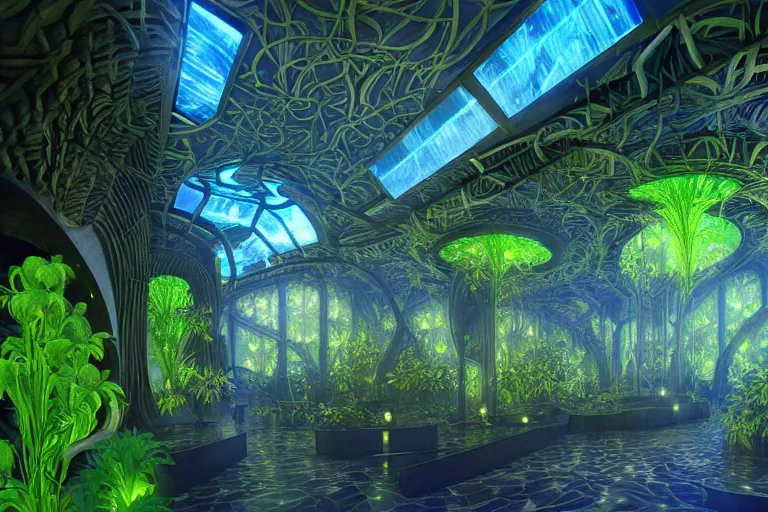 Image similar to futuristic foliage overgrowing detailed favela bioluminescence bunker hive, art nouveau environment, cathedral, award winning art, epic dreamlike fantasy landscape, ultra realistic,