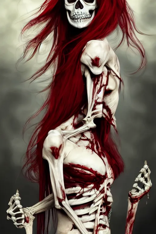 Prompt: skeleton black bones!!, covered with blood, jessica nigri face!!, long red hair, ultra realistic, concept art, intricate details, highly detailed, photorealistic, octane render, 8 k, unreal engine. retro film still, heavy grain, 3 5 mm, art by artgerm and greg rutkowski and alphonse mucha