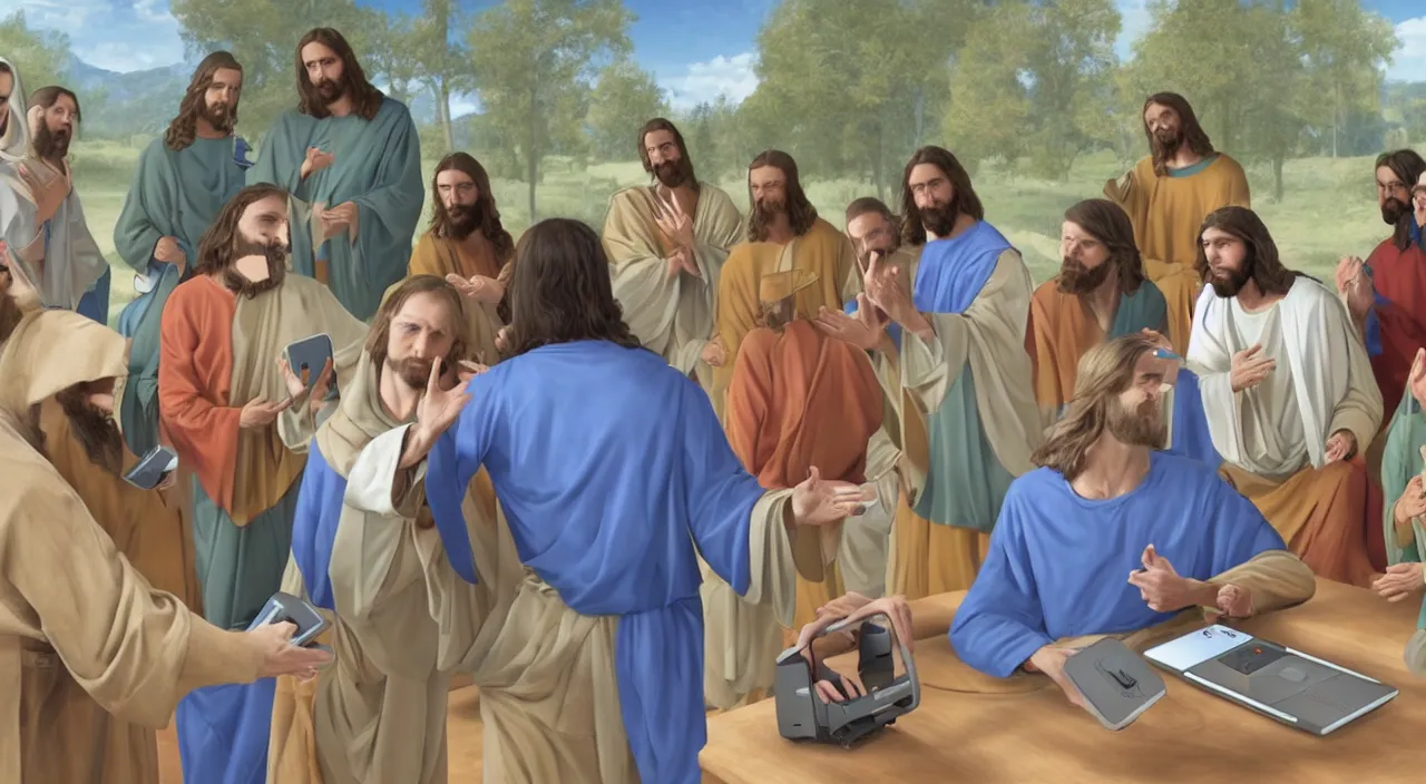 Image similar to Jesus Christ teaching his disciples how to install Windows 11 using VR. Photo realistic.