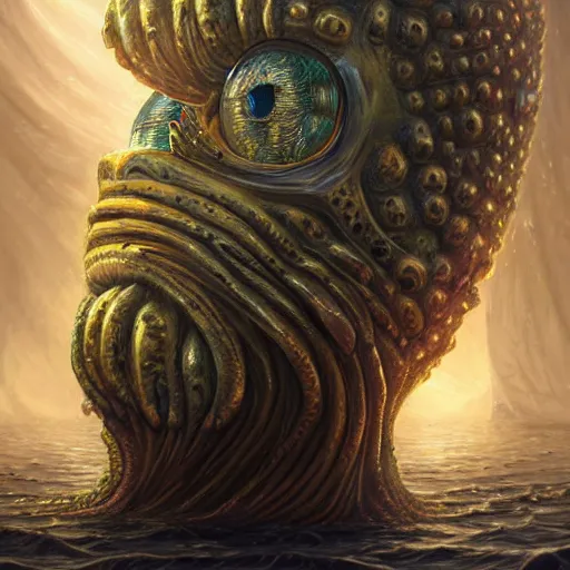 Image similar to portrait of SpongeBob as a large Lovecraftian monster, fantasy, intricate, elegant, highly detailed, digital painting, artstation, concept art, smooth, sharp focus, illustration, art by artgerm and greg rutkowski