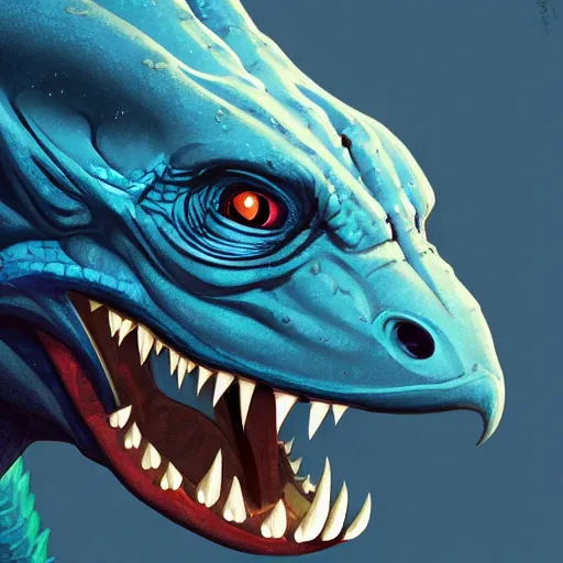 Image similar to portrait of an antropomorphic raptor creature, reptile face, dark blue scales, angry look, ready for battle, mattepainting concept blizzard pixar maya engine on cold night stylized background splash comics global illumination lighting artstation lois van baarle, ilya kuvshinov, rossdraws