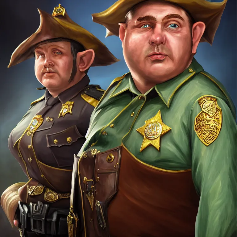 Prompt: a shifty fat high fantasy elf mall cop with a sheriff's badge, Oil Painting, hyperrealistic, Detailed Digital Art, RPG portrait, 3/4 bust, dynamic lighting, Highly Detailed, Cinematic Lighting, 8k, HD