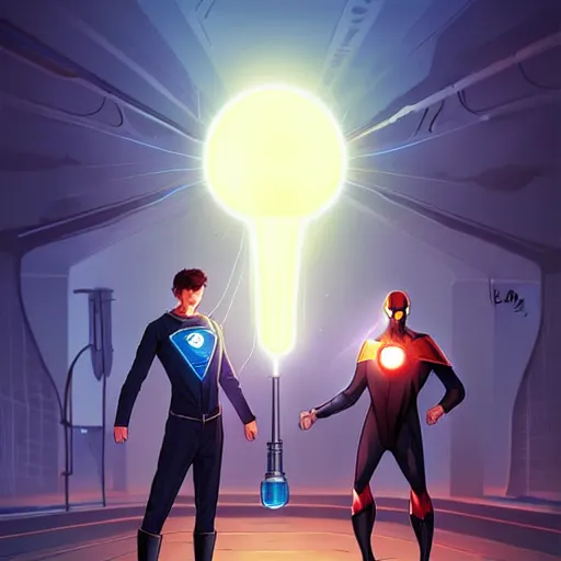 Image similar to Nikola Tesla with electric superpowers and Thomas Edison with light superpowers in an epic superhero battle, by MARVEL comics and Cyril Rolando and WLOP, trending on artstation