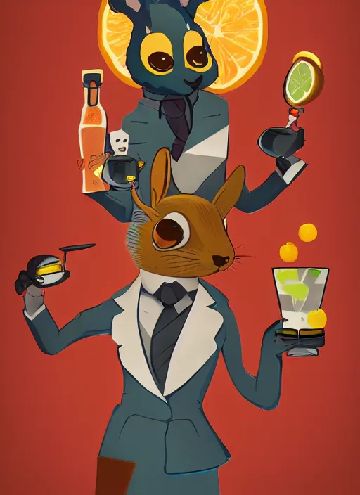 Prompt: squirrel anthro as a dapper bartender, retro futurism, art deco, detailed painterly art style, 🐿🍸🍋, furaffinity, trending on artstation