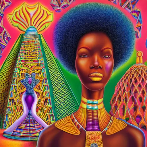 Prompt: a regal and heroic african queen with a colorful afro sitting in a cabana near a large steampunk pyramid near a pink river with a large glowing baobab tree, by amanda sage and alex grey and evgeni gordiets in a surreal psychedelic style, symmetrical, detailed eyes, oil on canvas 8k, hd