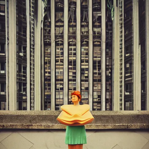 Image similar to giant flower head, frontal, woman standing in mid century building, surreal, symmetry, bright, tone in tone, cinematic, wes anderson