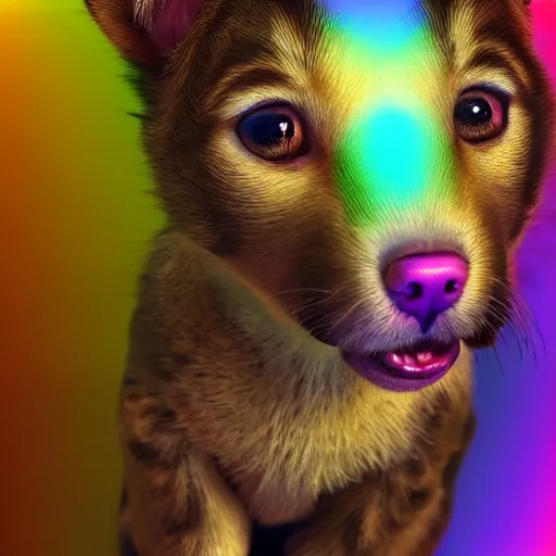 Prompt: photorealistic puppies, kittens, and rainbows. hyperdetailed photorealism, 1 0 8 megapixels, amazing depth, glowing rich colors, powerful imagery, psychedelic overtones, 3 d finalrender, 3 d shading, cinematic lighting, artstation concept art