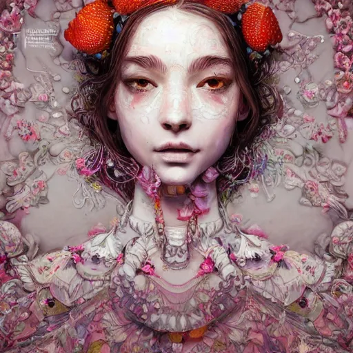 Image similar to the portrait of an absurdly beautiful, graceful, elegant, sophisticated, fashionable young woman made of strawberries and white petals looking down, an ultrafine hyperdetailed illustration by kim jung gi, irakli nadar, intricate linework, bright colors, octopath traveler, final fantasy, unreal engine 5 highly rendered, global illumination, radiant light, detailed and intricate environment