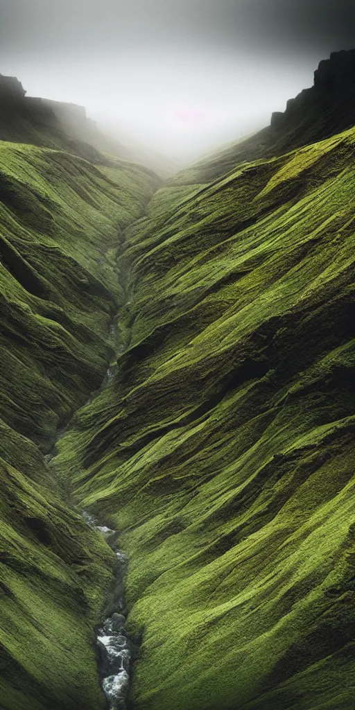 Prompt: dream looking through a hyper realistic photograph of a fertile lush canyon, minimal structure, misty, raining, icelandic valley, small stream, in the style of reuben wu, roger deakins