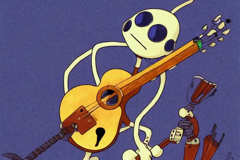 Image similar to A cell animation of a robot playing guitar, Nausicaa of the Valley of the Wind, Miyazaki Hayao, ghibli style, illustration, anime, trending on artstaion