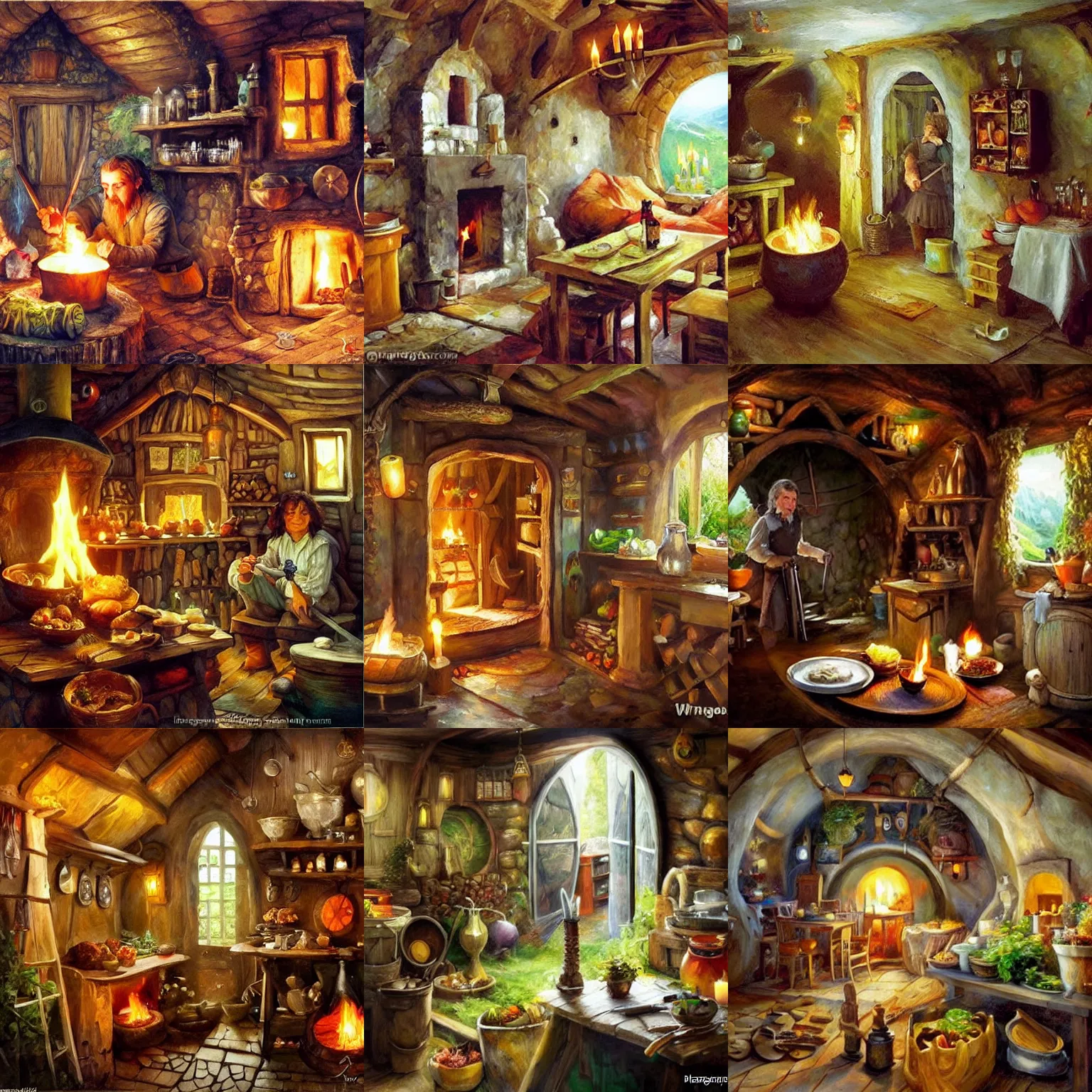 Prompt: hobbit home full of food, torches on the wall, schnapps, painting, Fritz Wagner, Vladimir Volegov, Olga Zakharova