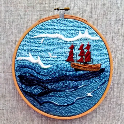 Prompt: a tiny beautiful handmade embroidery of a pirate ship sinking into a stormy ocean. hand embroidery.