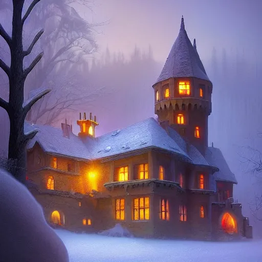 Prompt: Evil castle ,inspired by Evgeny Lushpin,George, greg rutkowski winter,nighttime,cinematic,art station