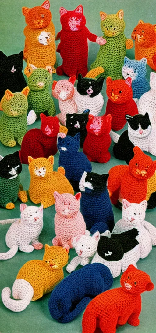 Prompt: multicolored crocheted cats, 1 9 5 0 s catalogue photo,