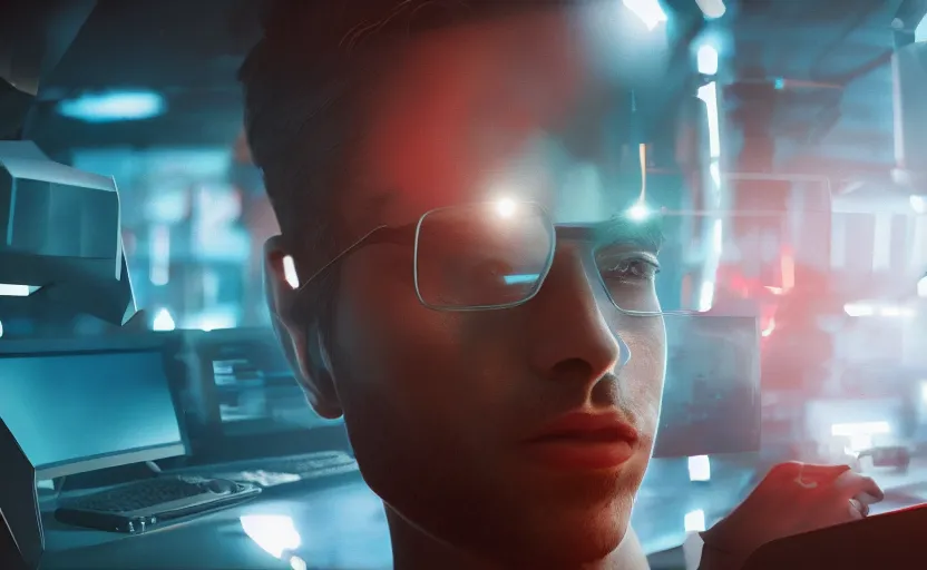 Image similar to a young man in front of computer screens, sci-fi, digital art, rendering, octane, redshift, 4k