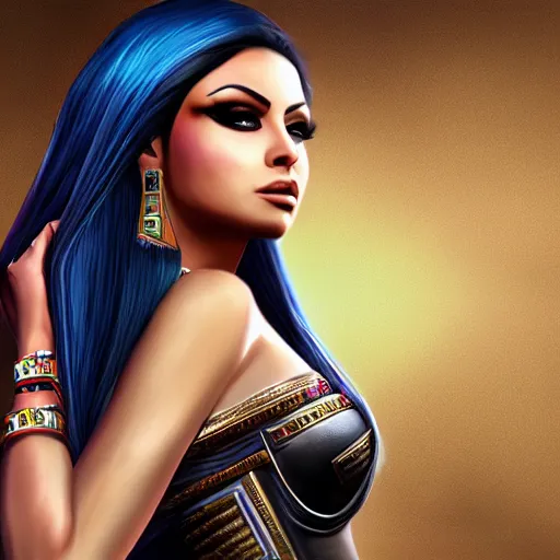 Image similar to portait egyptian princess haifa wehbe, centred, very long hair, hd, unreal engine, art digital painting, final fantasy style, amazing background theme