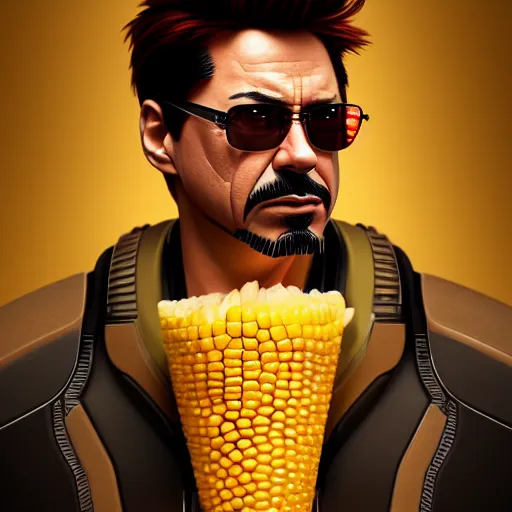 Image similar to tony stark is corn on the cob, hyperdetailed, artstation, cgsociety, 8 k