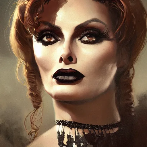 Prompt: closeup portrait of a young and beautiful sophia loren in gothic clothing, dramatic light, gorgeous view, depth, high detail, digital art, painted by greg rutkowski and seb mckinnon, by tim burton, trending on artstation