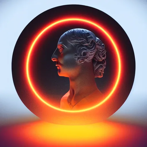 Image similar to a neon circle surrounding the head of a renaissance statue, 3 d render, black background, ray tracing, 8 k resolution, sharp focus, hyper detailed, hyper realistic