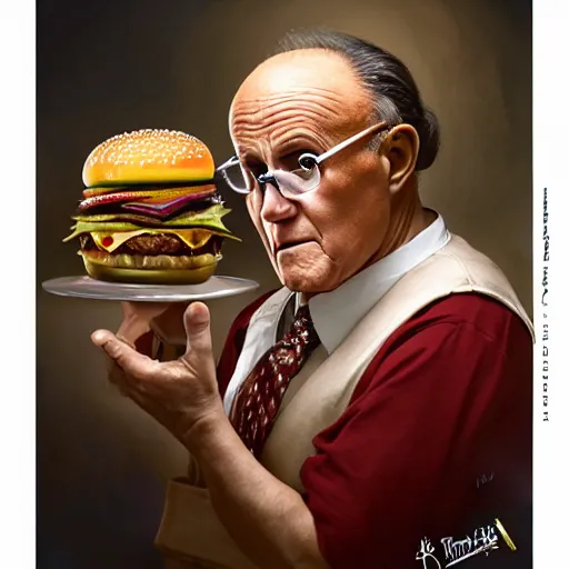 Prompt: portrait of rudy giuliani in clown makeup eating hamburgers, extra onions and ketchup, luscious patty with sesame seeds, feminine ethereal, handsome, d & d, fantasy, intricate, elegant, highly detailed, digital painting, artstation, concept art, matte, sharp focus, illustration, art by artgerm and greg rutkowski and alphonse mucha