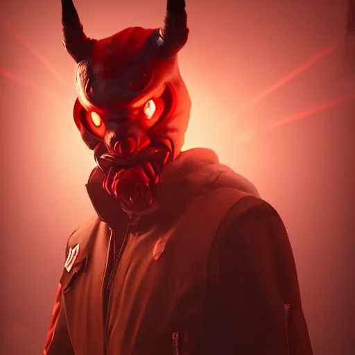 Image similar to villain wearing a red oni mask, orange jacket, dark background, unreal engine 5, ultra realistic, detailed, fog, volumetric lighting, by greg rutkowski,