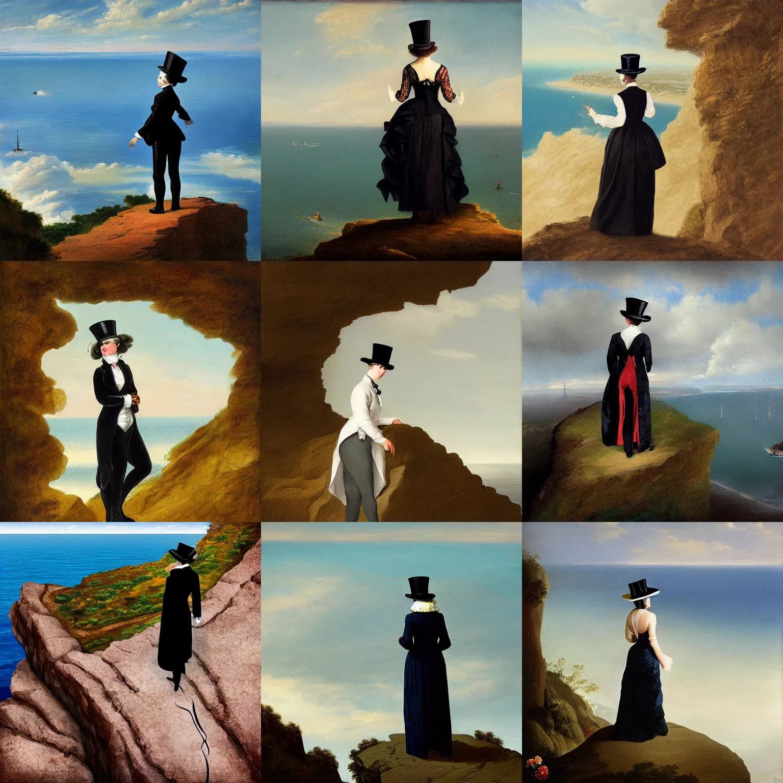 Prompt: a woman wearing a man's top hat and silk tailcoat, looking at the horizon from the top of a cliff, digital art