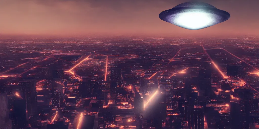 Image similar to a pfotograph of an ufo over detroit, movie poster, rule of threes, film photography, 3 d render, trending on artstation, 3 d society, neon ligths, futurism