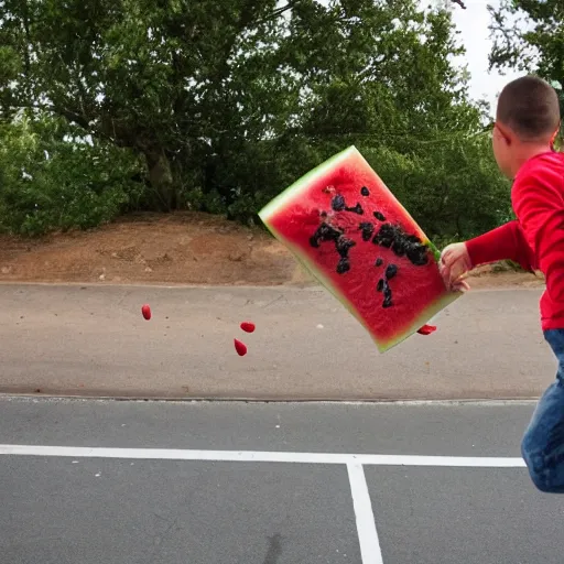 Image similar to a watermelon smashing against a stop sign. Watermelon bits flying everywhere.