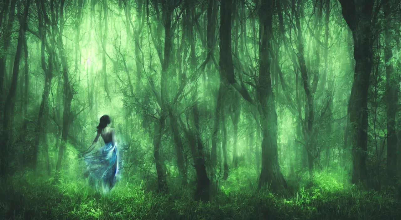 Prompt: spirit sprite, forest, green, blue, hd,