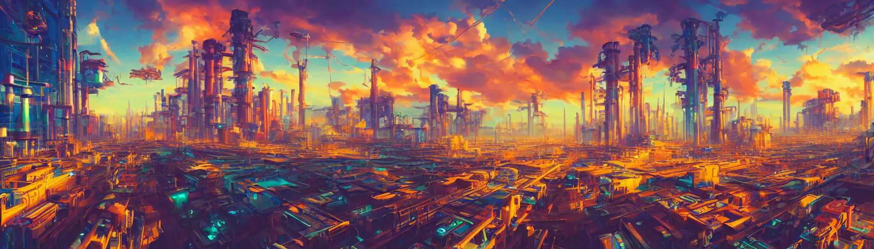 Prompt: a digital cyberpunk mural of a massive factory producing endless clouds of creativity, by RHADS, vibrant, colorful, 4k, lens flare, panoramic, cyberpunk