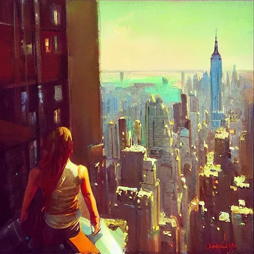 Image similar to “ girl standing on a roof looking down at a futuristic new york city below, by daniel gerhartz ”