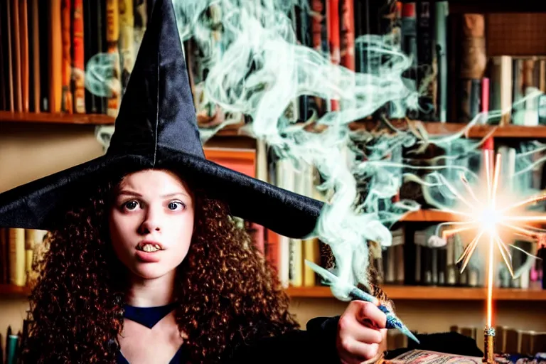 Prompt: extreme close up portrait, dramatic lighting, teen witch calmly pointing a magic wand casting a spell over a large open book on a table with, curly hair, cat on the table in front of her, sage smoke, a witch hat cloak, apothecary shelves in the background 2 0 0 0's photo, ultra sharp, 8 k