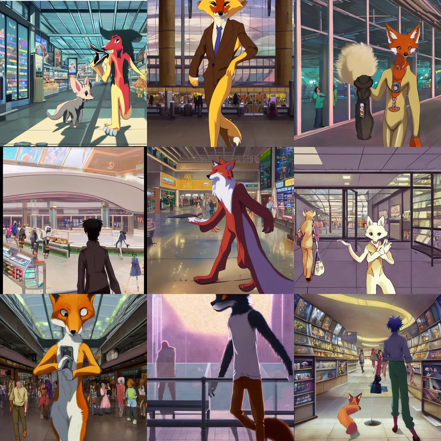 Prompt: anthro art commission of an anthropomorphic natural furry ( ( fox ) ) person shopping at a futuristic mall, photorealistic, key anime art, makoto shinkai, james gurney, don bluth, disney!!!!, hibbary, dark natasha, goldenwolf, furaffinity, fursona, greg rutkowsi