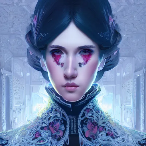 Prompt: feminine nicolas cage in intricate clothing by ross tran, walking in a castle painted by sana takeda, rtx reflections, very high intricate details, digital anime art, medium shot, mid - shot, composition by ilya kuvshinov, lighting by greg rutkowski