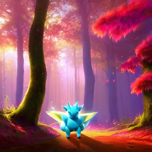 Image similar to beautiful digital fantasy illustration of a hyperrealistic pokemon evolving into a demon, cute smiling attractive pokemon, the trees of a flowery woodlands glistens as the morning sun touches its leaves with her gentle rays. pokemon of various shapes, sizes, and colors walk through the forest by alena aenami and arthur adams, octane render, detail texture, unreal engine, 8 k