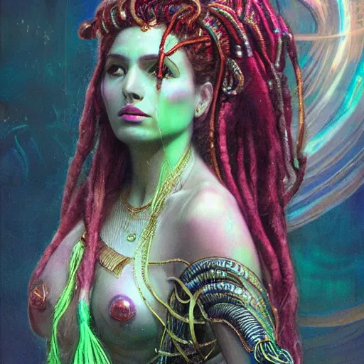 Image similar to sumerian goddess inanna ishtar, ashteroth, techno mystic goddess princess intergalactica, with aqua neon rapunzel dreadlocks, mami wata, atlantis, seapunk, detailed, by gaston bussiere, bayard wu, greg rutkowski, giger, maxim verehin, greg rutkowski, masterpiece, sharp focus,