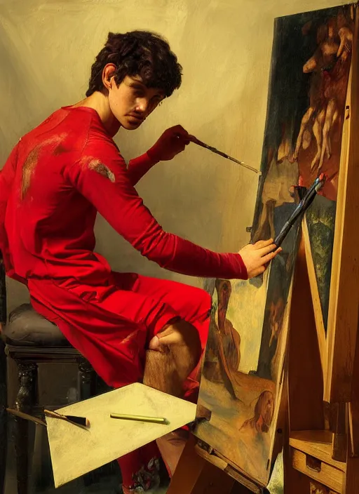 Image similar to a young painter in his studio painting a picture of a red pokemon, by edgar maxence and caravaggio and michael whelan and delacroix style, artistic, intricate drawing, cinematic lighting, hyper realistic, extremely detailed, establishing shot, 8 k resolution, dramatic lighting