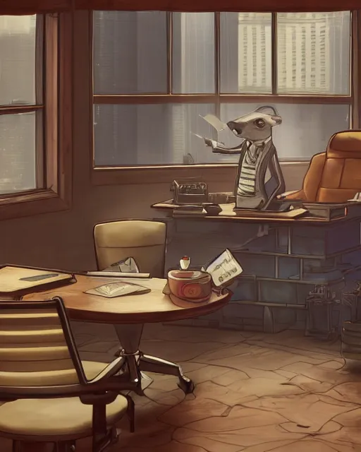 Image similar to artstation scifi scene of a weasel in suits drinking tea ， in a shabby lawyer office, wooden furnitures summer unreal engine 5, hyper realism, realistic shading, cinematic composition, blender render, octane render, hdr, detailed textures, photorealistic, wide shot