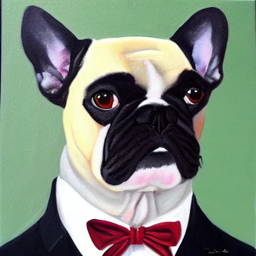 Prompt: oil painting of a french bulldog wearing businessman attire