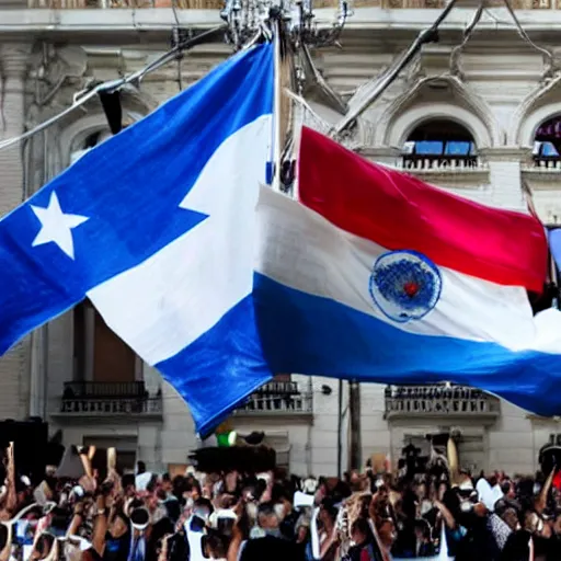 Image similar to Lady Gaga as president, Argentina presidential rally, Argentine flags behind, bokeh, giving a speech, detailed face, Argentina