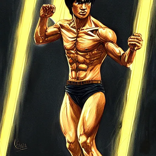 Prompt: bruce lee as the greek god of lightning, highly detailed, by artgerm and greg rutkowski