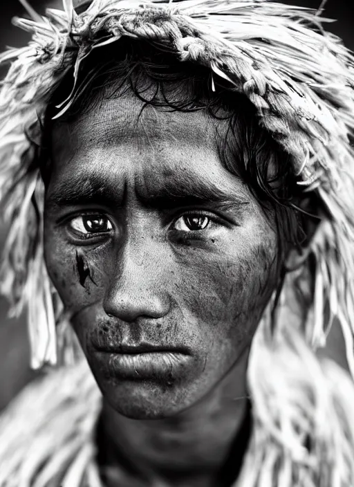 Image similar to Award winning Editorial photo of a Native Nauruans with incredible hair and beautiful hyper-detailed eyes wearing traditional garb by Lee Jeffries, 85mm ND 5, perfect lighting, gelatin silver process