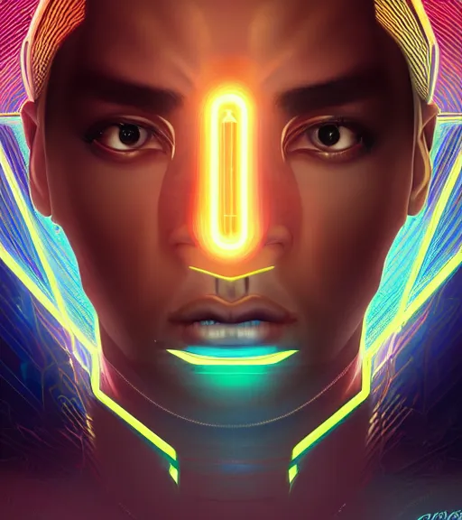 Image similar to symmetry!! egyptian prince of technology, solid cube of light, hard edges, product render retro - futuristic poster scifi, lasers and neon circuits, brown skin man egyptian prince, intricate, elegant, highly detailed, digital painting, artstation, concept art, smooth, sharp focus, illustration, dreamlike, art by artgerm