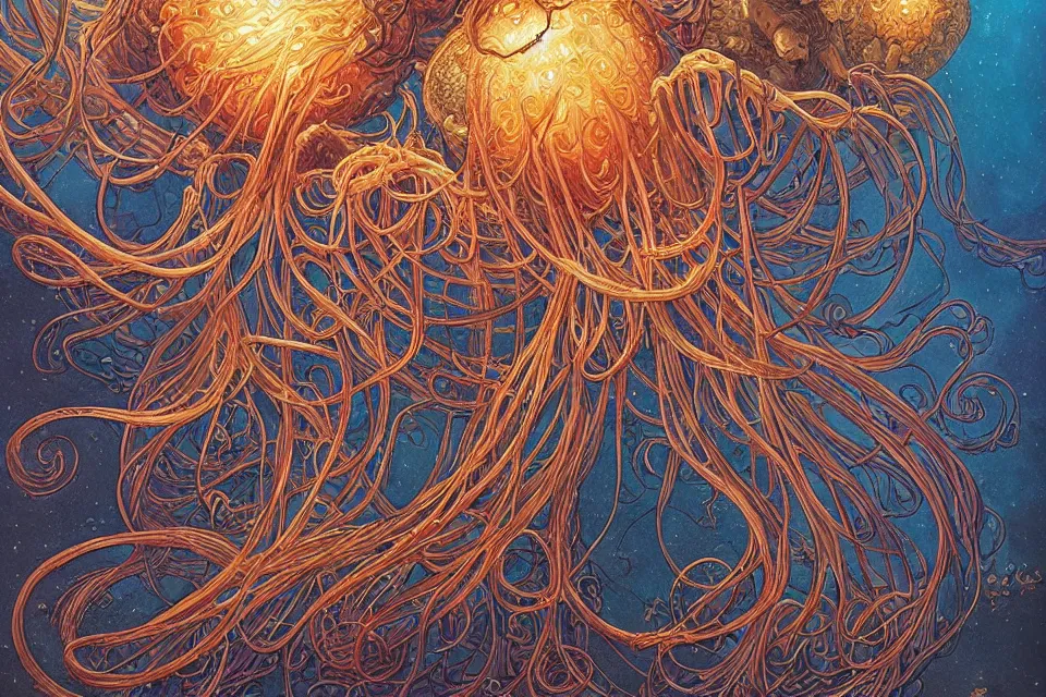 Image similar to a beautiful hyperrealistic ultradetailed comic cover art of gigantic glowing complex multi-layered intricate jellyfish creatures with long flowing tendrils, by Justin Gerard and Laurie Greasley and Peter Mohrbacher and Dan Mumford, tarot card art, detailed shading, micro details, dramatic lighting, volumetric lighting, 8k