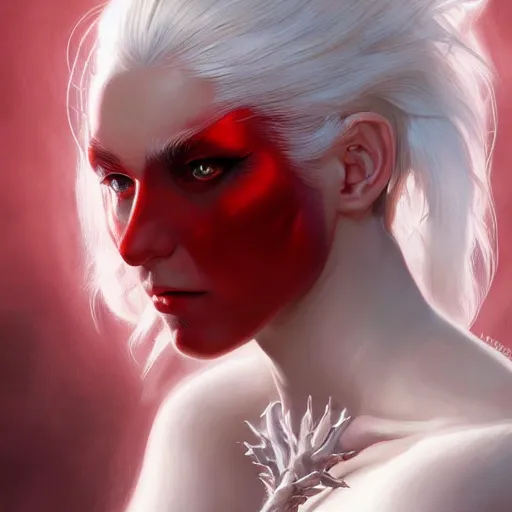 Image similar to ultra realistic illustration, dream humanoid demon girl with white hair, red horns, in white clothes, red eyes, intricate, elegant, highly detailed, digital painting, artstation, concept art, smooth, sharp focus, illustration, art by artgerm and greg rutkowski and alphonse mucha