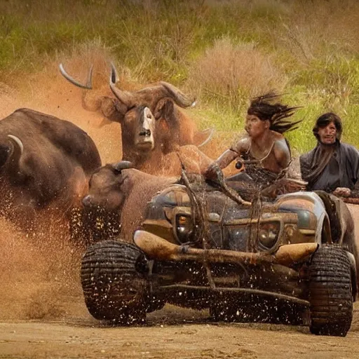 Image similar to ancient tribe hunting buffalo herd, ancient atv, chase scene, dynamic shot,