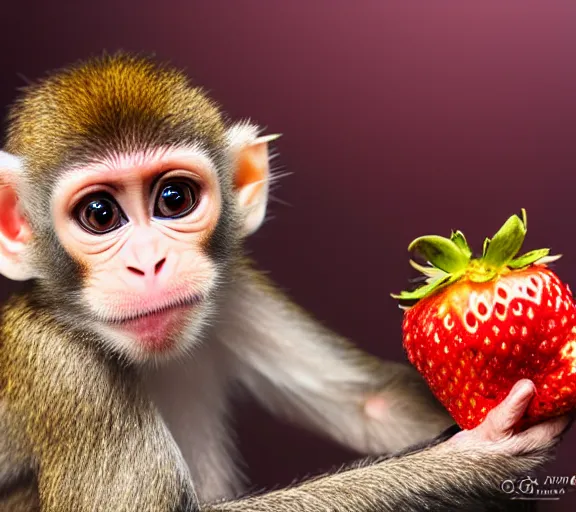 Prompt: a baby monkey sneezing onto a strawberry, detailed, macro, studio light, droplets, backlit ears, close up