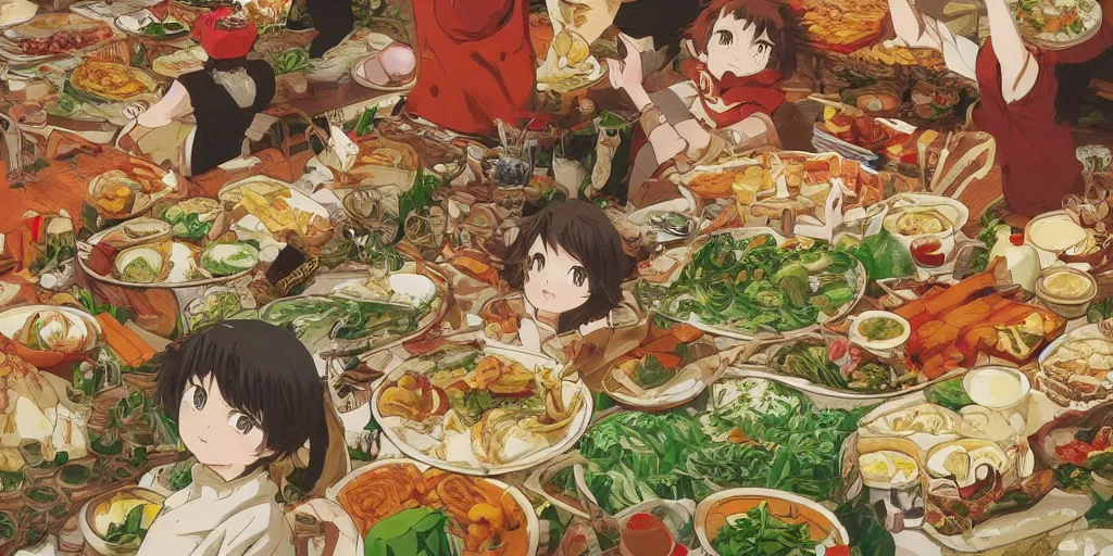 Image similar to A feast for a king, very detailed, anime, Delicious, Plump, Juicy, Hot Food, large white border, hd, high resolution print :1 Red, Gold and Green by Sachin Teng, Hayao Miyazaki, Nausicaa, studio Ghibli style, Anime wallpaper, cell shading, trending on deviant art :1