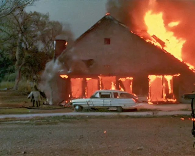 Image similar to a movie still from 'A Goose Set my House on Fire', 40mm tape, technicolour film, goose in foreground!!!!, housefire, letterboxing, widescreen