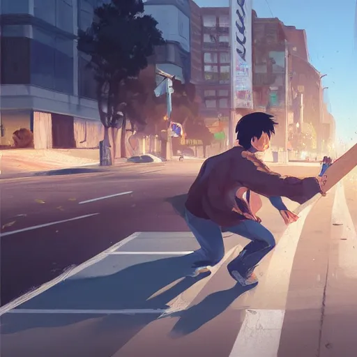 Prompt: a man swinging a 2 x 4 in the middle of the street in california by makoto shinkai, stanley artgerm lau, wlop, rossdraws